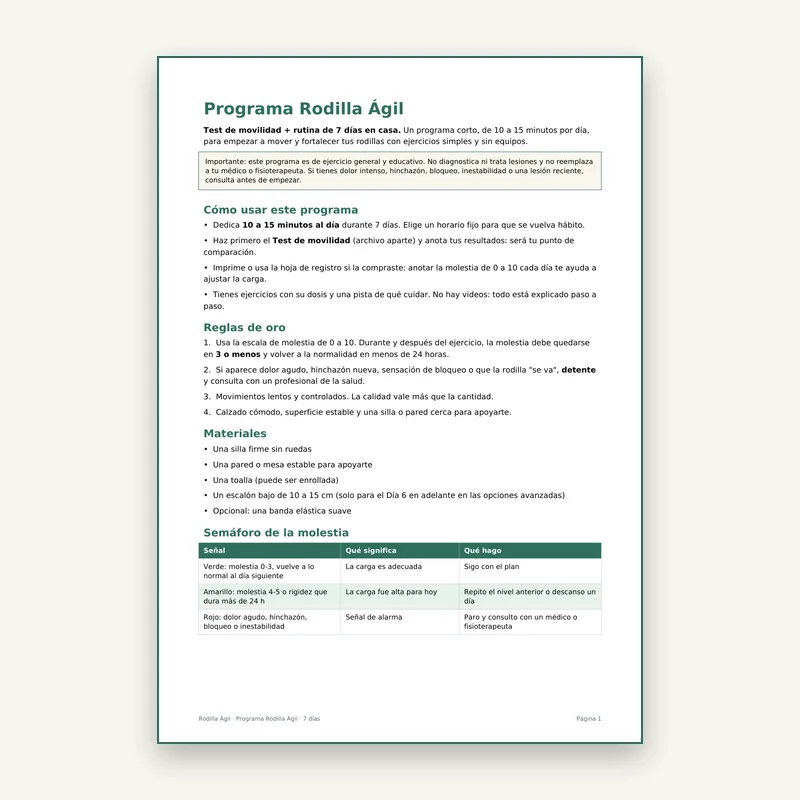 Portada del Registro de movilidad de 7 días, complemento de Rodilla Ágil que se vende por separado