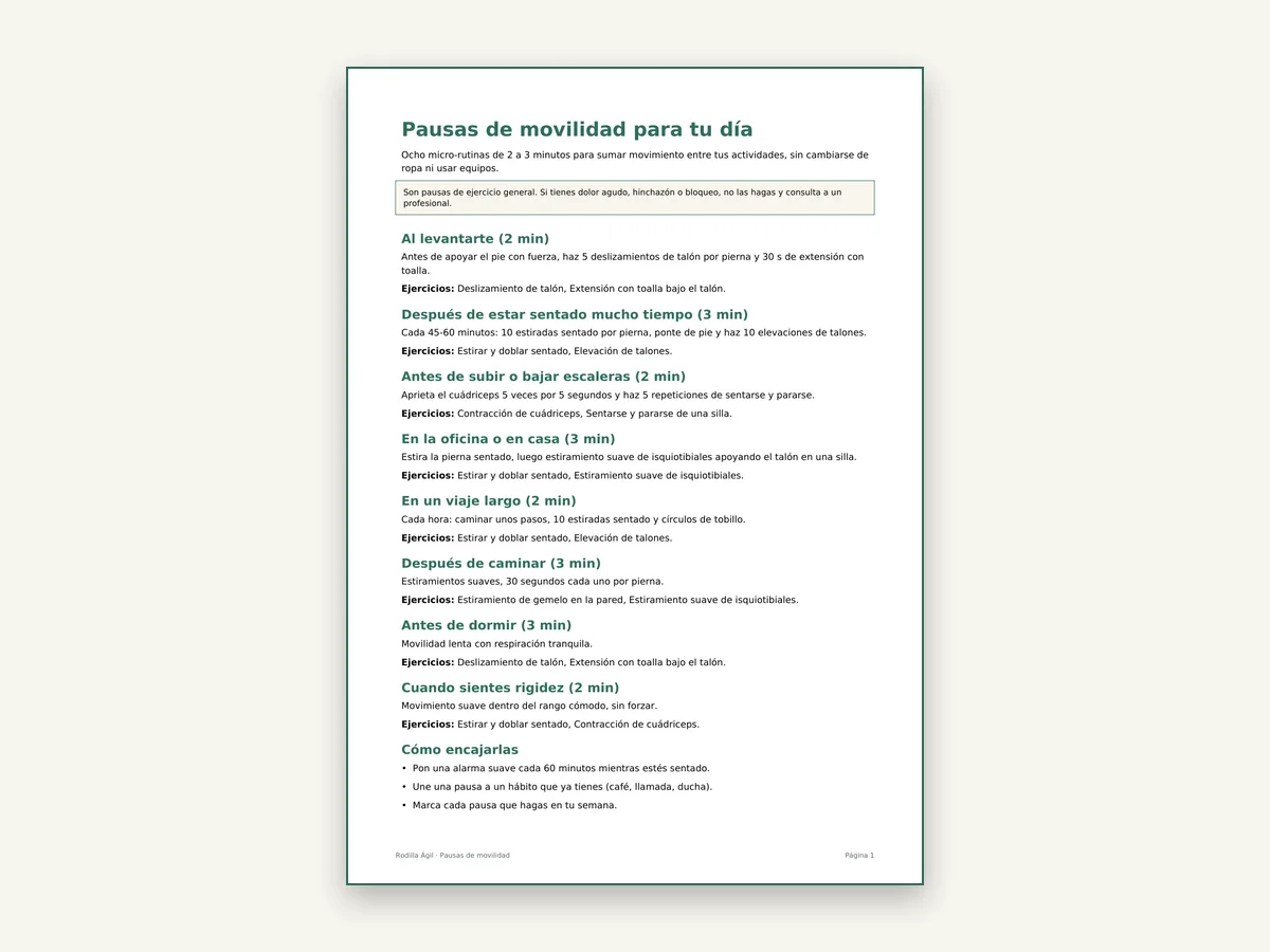 Páginas del programa Rodilla Ágil con ejercicios que usan solo una silla, una pared y una toalla